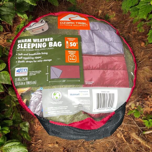 Ozark Trail 50 F Warm Weather Sleeping Bag Camp Hike Compact 33" x 75" Red - Picture 1 of 8